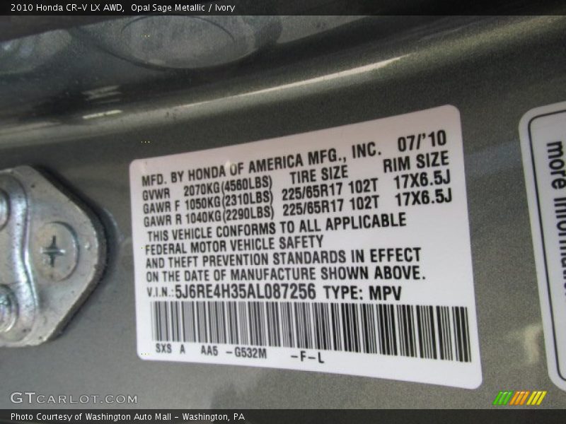 Opal Sage Metallic / Ivory 2010 Honda CR-V LX AWD