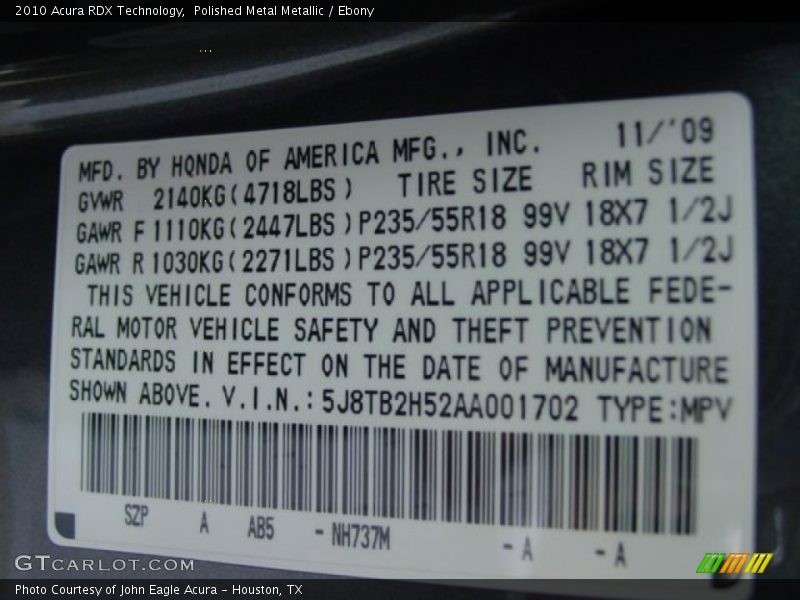 Polished Metal Metallic / Ebony 2010 Acura RDX Technology