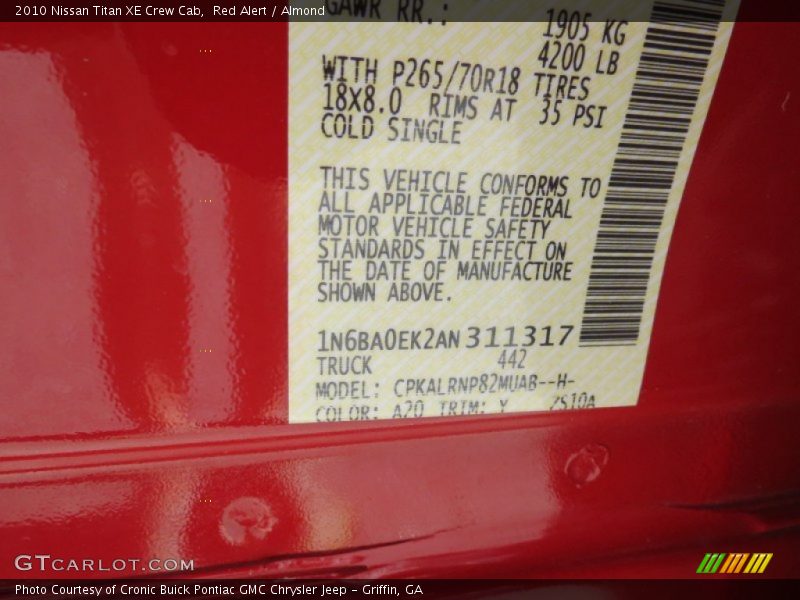 Red Alert / Almond 2010 Nissan Titan XE Crew Cab