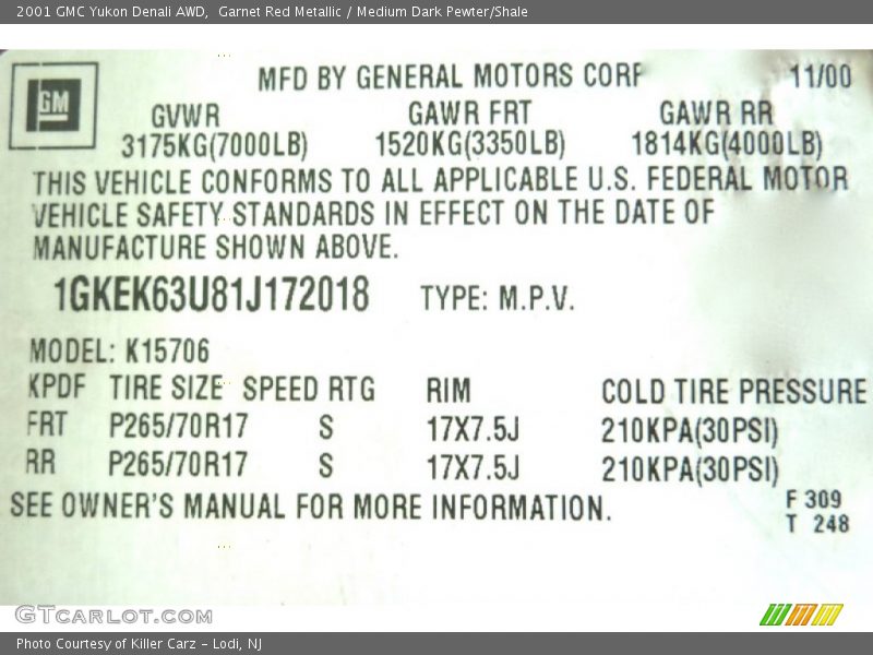 Info Tag of 2001 Yukon Denali AWD