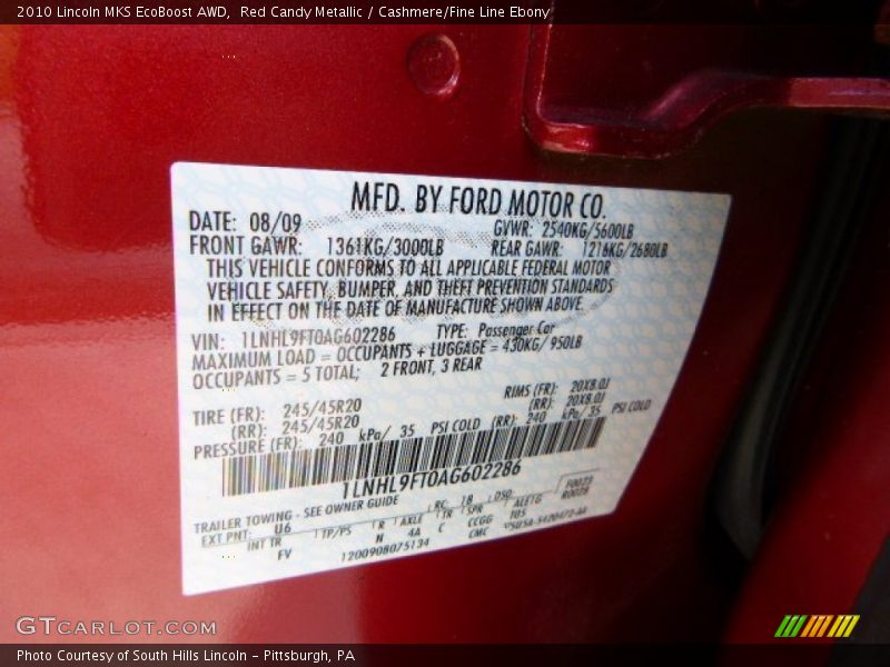Red Candy Metallic / Cashmere/Fine Line Ebony 2010 Lincoln MKS EcoBoost AWD