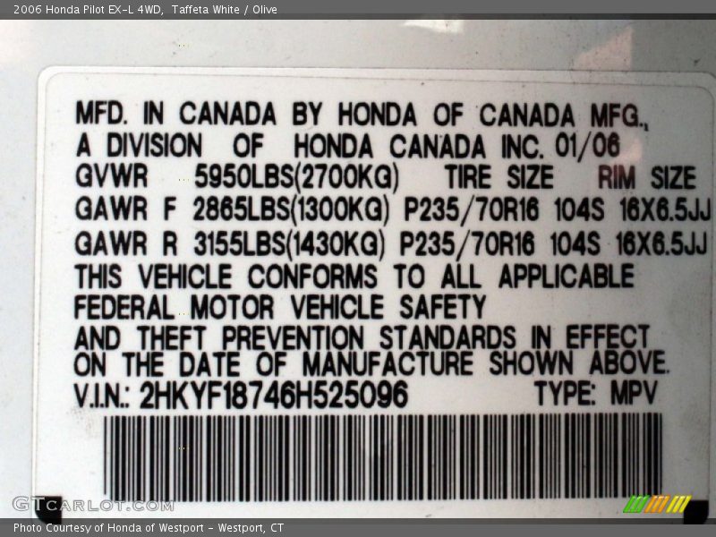 Taffeta White / Olive 2006 Honda Pilot EX-L 4WD