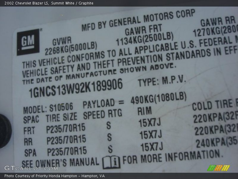 Summit White / Graphite 2002 Chevrolet Blazer LS