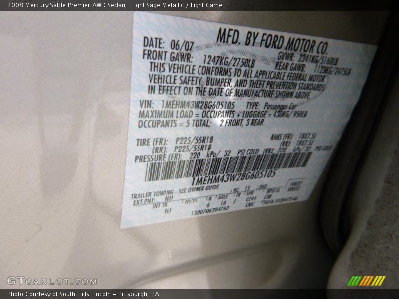 Light Sage Metallic / Light Camel 2008 Mercury Sable Premier AWD Sedan