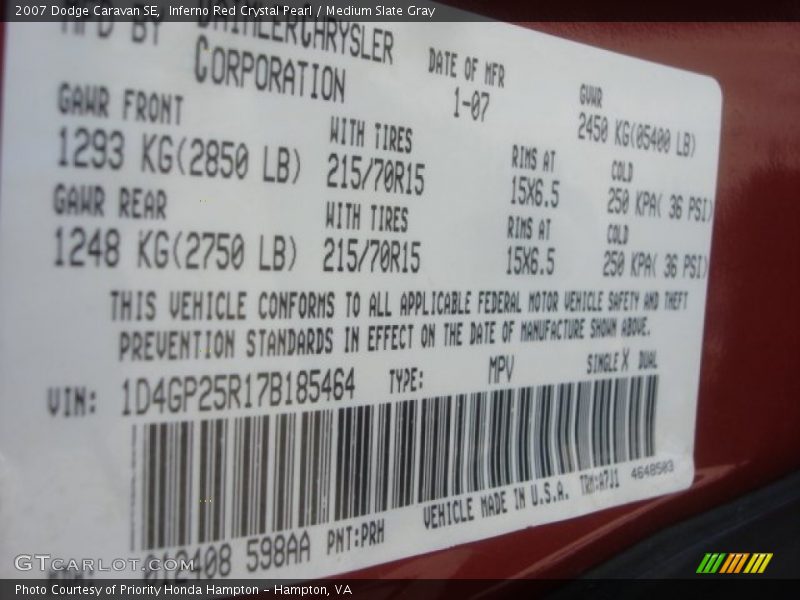 Inferno Red Crystal Pearl / Medium Slate Gray 2007 Dodge Caravan SE