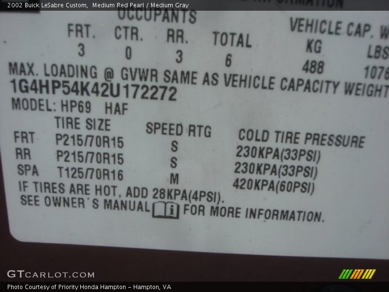 Info Tag of 2002 LeSabre Custom