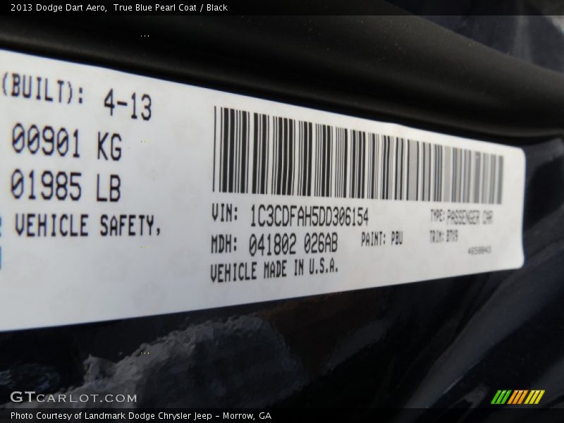 True Blue Pearl Coat / Black 2013 Dodge Dart Aero