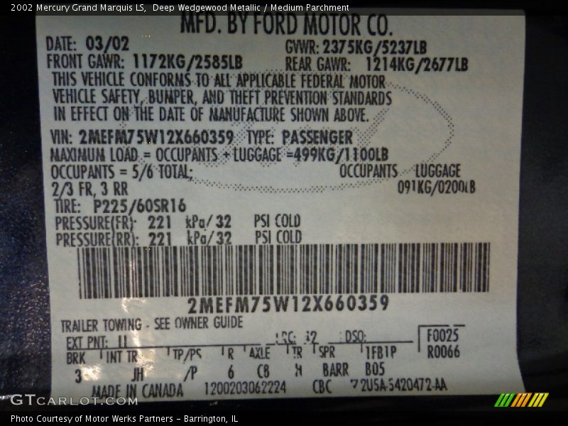 2002 Grand Marquis LS Deep Wedgewood Metallic Color Code LL