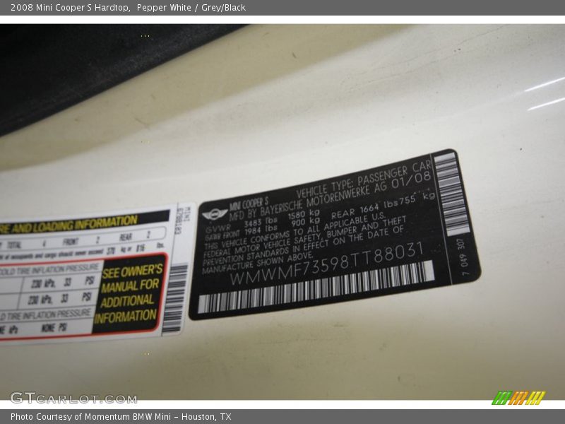 Pepper White / Grey/Black 2008 Mini Cooper S Hardtop