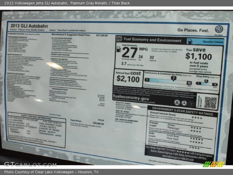  2013 Jetta GLI Autobahn Window Sticker