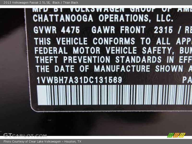 Black / Titan Black 2013 Volkswagen Passat 2.5L SE