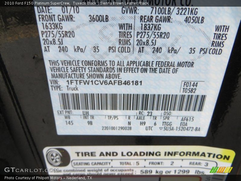 Tuxedo Black / Sienna Brown Leather/Black 2010 Ford F150 Platinum SuperCrew
