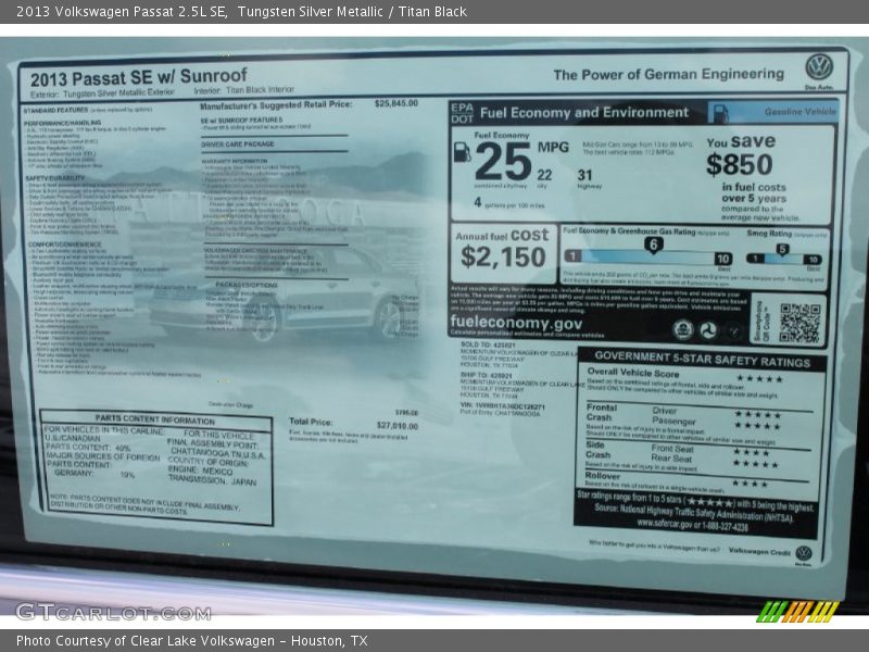Tungsten Silver Metallic / Titan Black 2013 Volkswagen Passat 2.5L SE