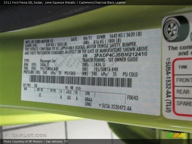 Lime Squeeze Metallic / Cashmere/Charcoal Black Leather 2011 Ford Fiesta SEL Sedan