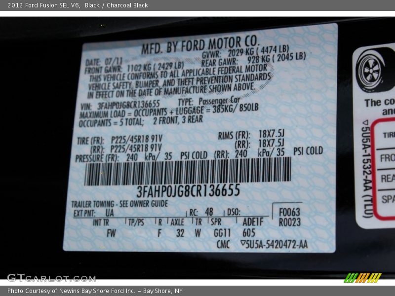Black / Charcoal Black 2012 Ford Fusion SEL V6