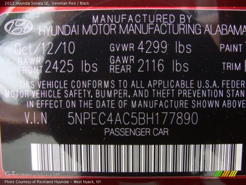 Venetian Red / Black 2011 Hyundai Sonata SE