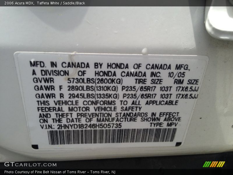 Taffeta White / Saddle/Black 2006 Acura MDX