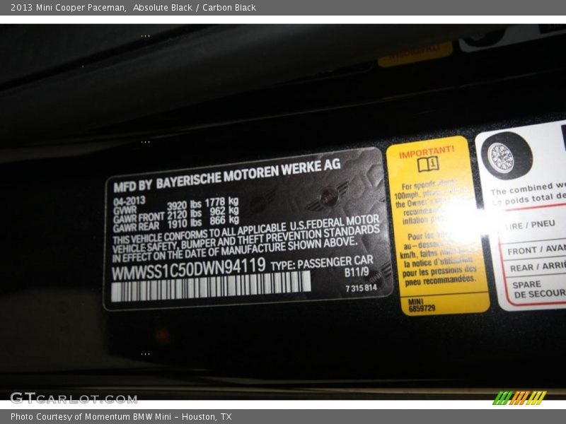 2013 Cooper Paceman Absolute Black Color Code B11