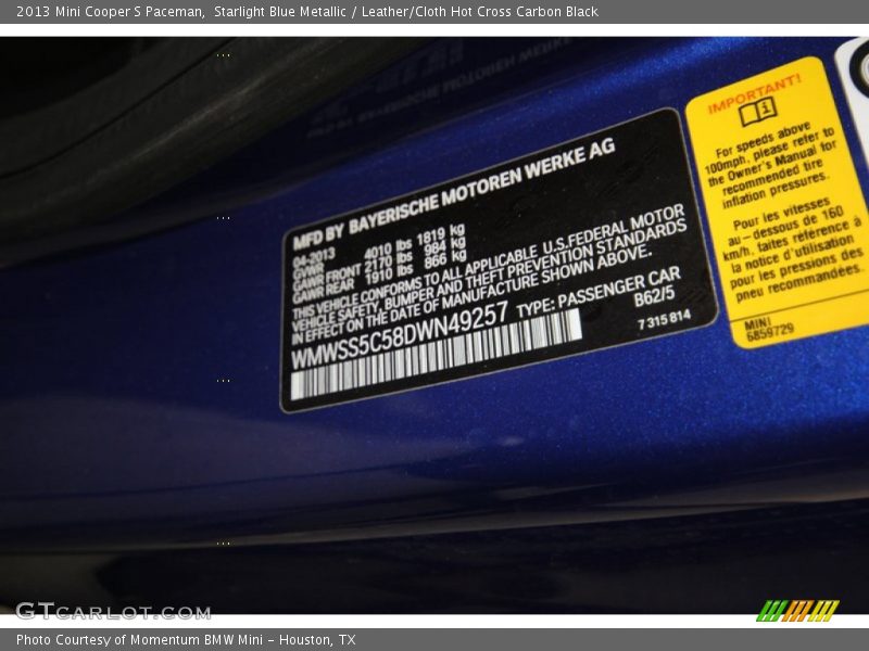 2013 Cooper S Paceman Starlight Blue Metallic Color Code B62
