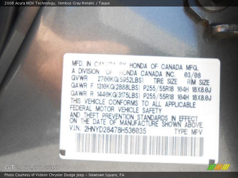 Nimbus Gray Metallic / Taupe 2008 Acura MDX Technology