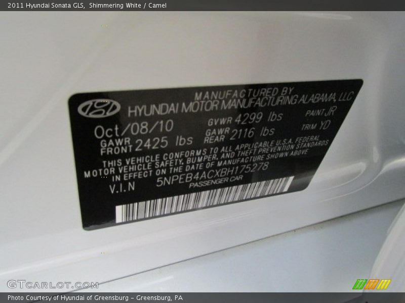 Shimmering White / Camel 2011 Hyundai Sonata GLS