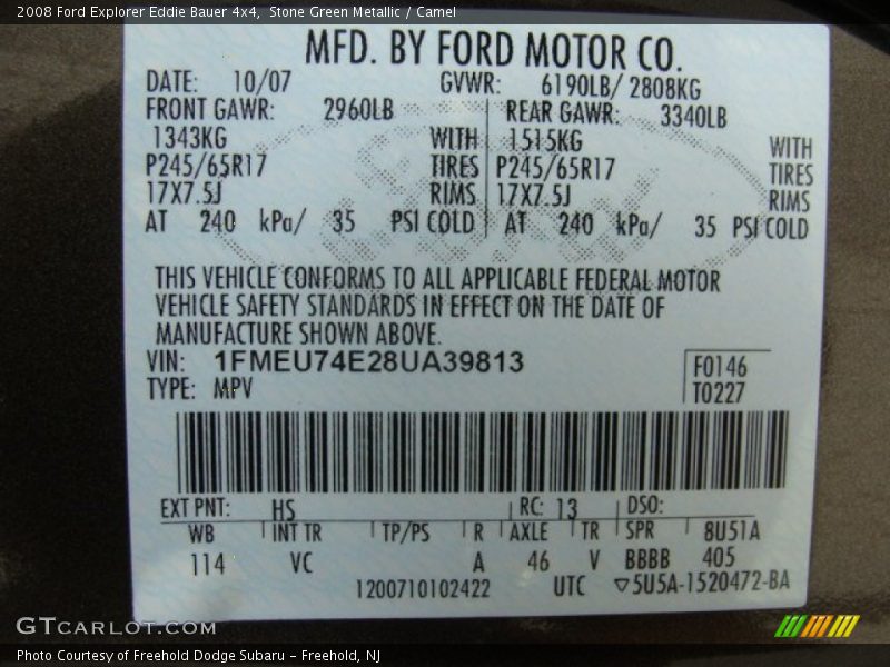 2008 Explorer Eddie Bauer 4x4 Stone Green Metallic Color Code HS
