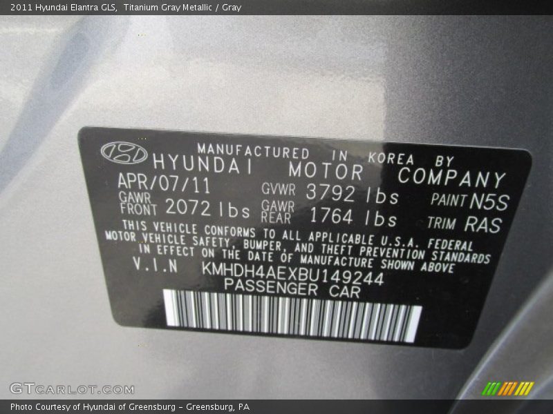 Titanium Gray Metallic / Gray 2011 Hyundai Elantra GLS