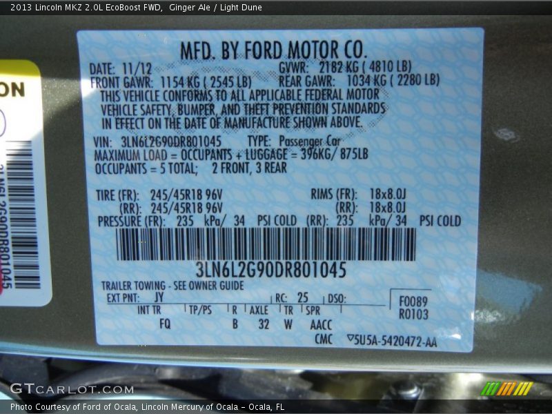 2013 MKZ 2.0L EcoBoost FWD Ginger Ale Color Code JY