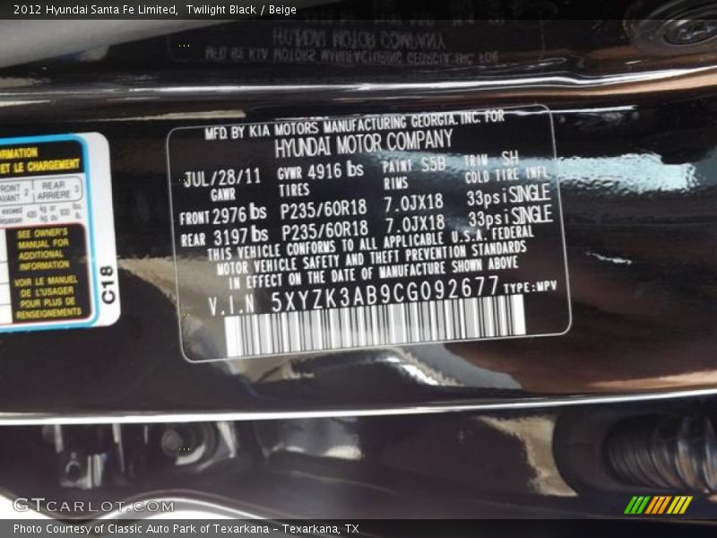 Twilight Black / Beige 2012 Hyundai Santa Fe Limited