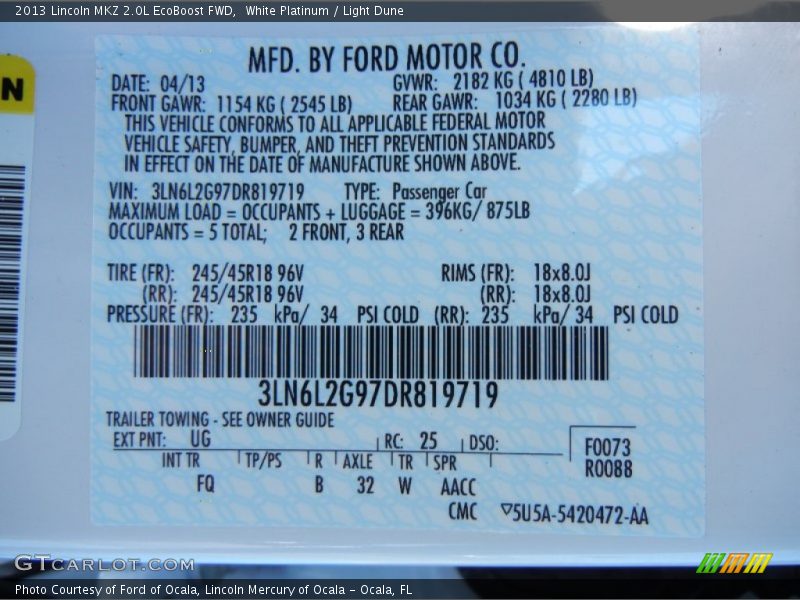 White Platinum / Light Dune 2013 Lincoln MKZ 2.0L EcoBoost FWD