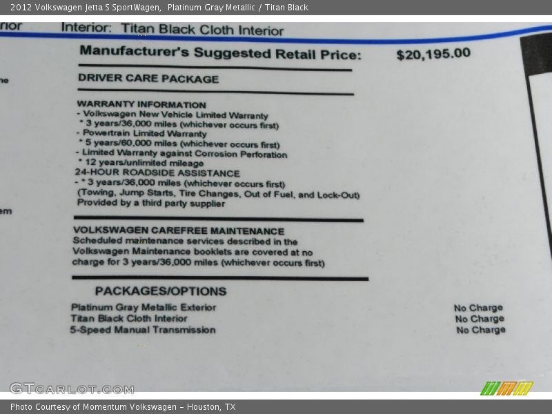 Platinum Gray Metallic / Titan Black 2012 Volkswagen Jetta S SportWagen