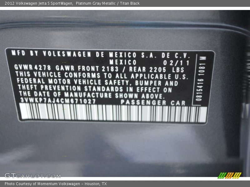 Platinum Gray Metallic / Titan Black 2012 Volkswagen Jetta S SportWagen