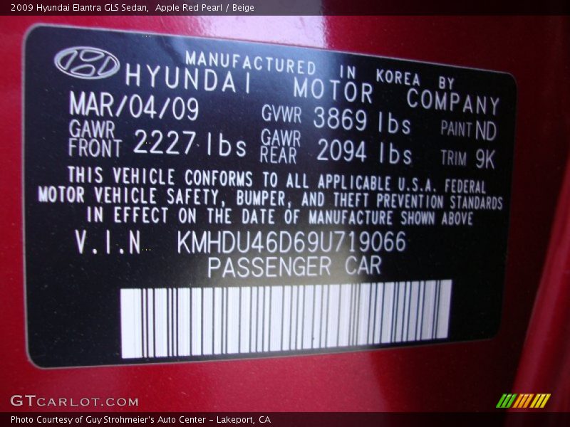 Apple Red Pearl / Beige 2009 Hyundai Elantra GLS Sedan