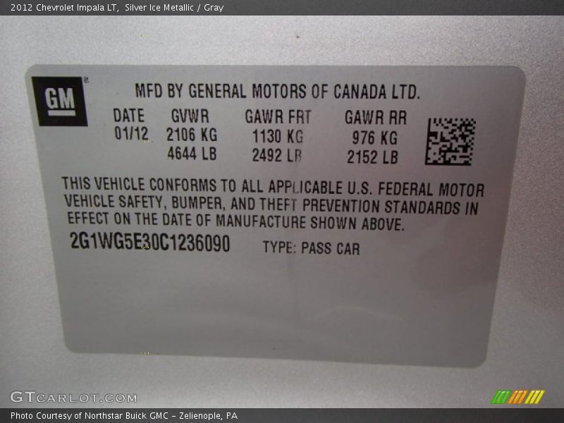 Silver Ice Metallic / Gray 2012 Chevrolet Impala LT