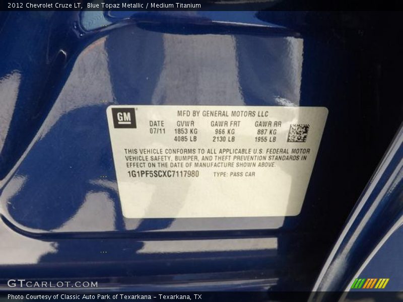 Blue Topaz Metallic / Medium Titanium 2012 Chevrolet Cruze LT
