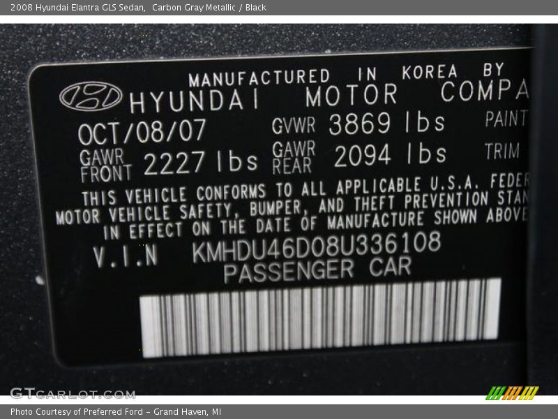 Carbon Gray Metallic / Black 2008 Hyundai Elantra GLS Sedan