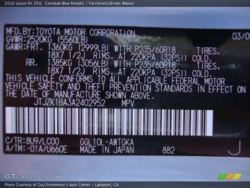 Cerulean Blue Metallic / Parchment/Brown Walnut 2010 Lexus RX 350