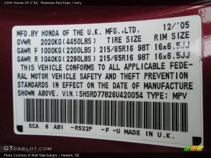 2006 CR-V EX Redondo Red Pearl Color Code R522P