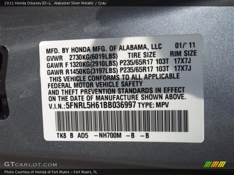 Alabaster Silver Metallic / Gray 2011 Honda Odyssey EX-L