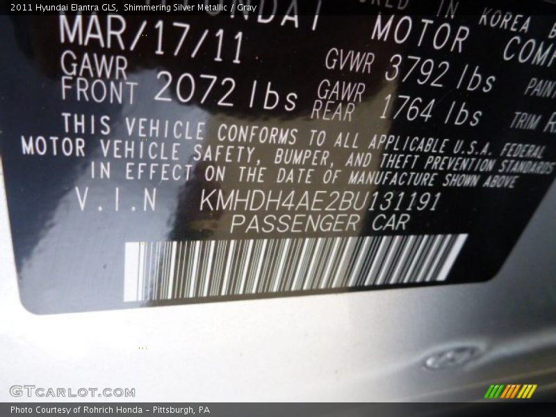 Shimmering Silver Metallic / Gray 2011 Hyundai Elantra GLS