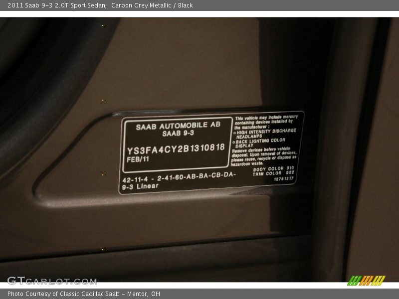 Carbon Grey Metallic / Black 2011 Saab 9-3 2.0T Sport Sedan