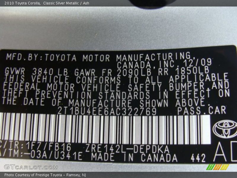 Classic Silver Metallic / Ash 2010 Toyota Corolla
