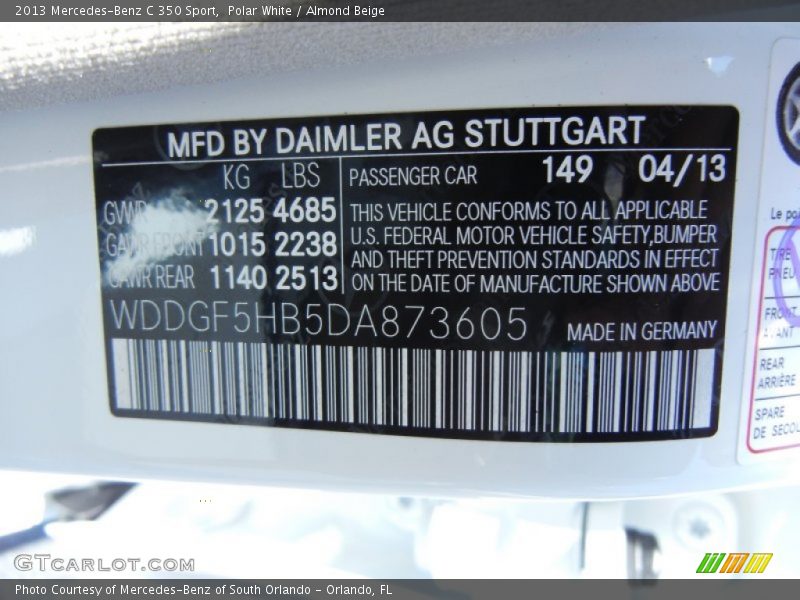 Polar White / Almond Beige 2013 Mercedes-Benz C 350 Sport