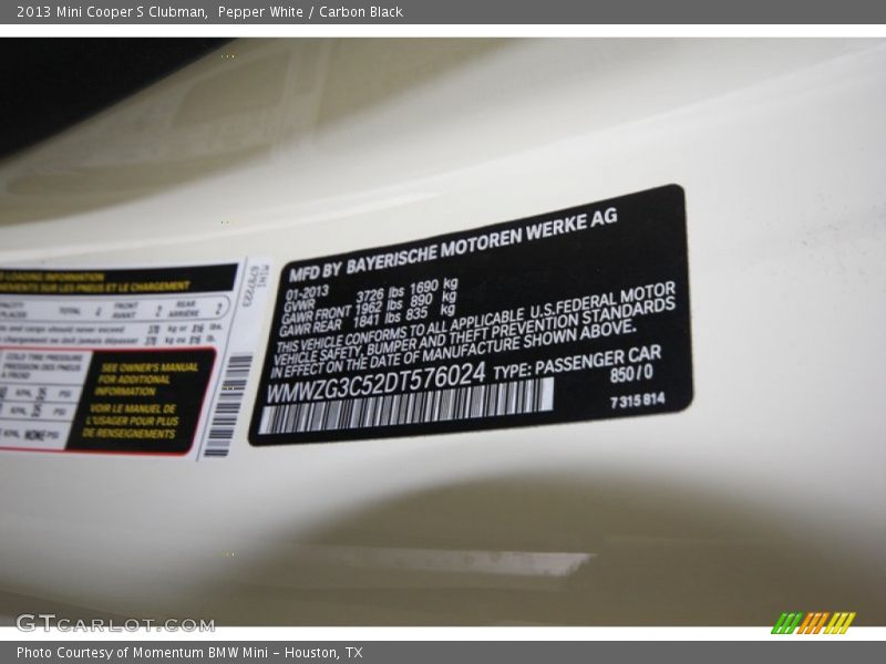 Pepper White / Carbon Black 2013 Mini Cooper S Clubman