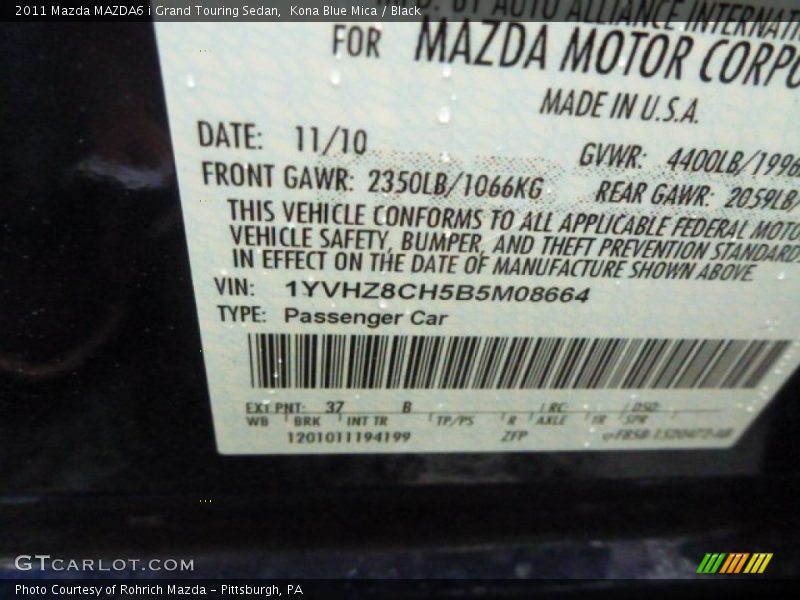 Kona Blue Mica / Black 2011 Mazda MAZDA6 i Grand Touring Sedan