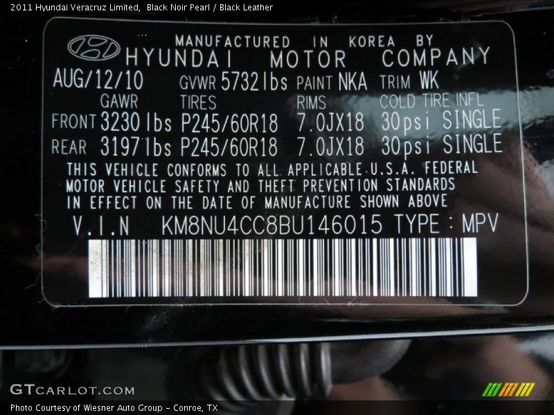 Black Noir Pearl / Black Leather 2011 Hyundai Veracruz Limited