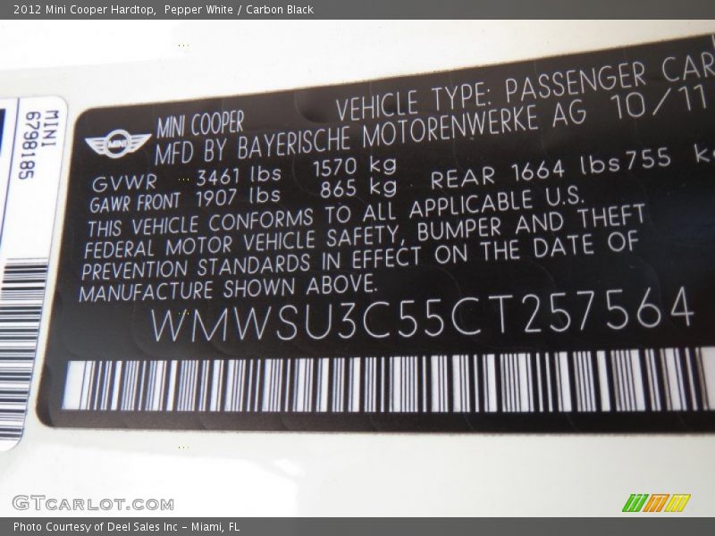 Pepper White / Carbon Black 2012 Mini Cooper Hardtop