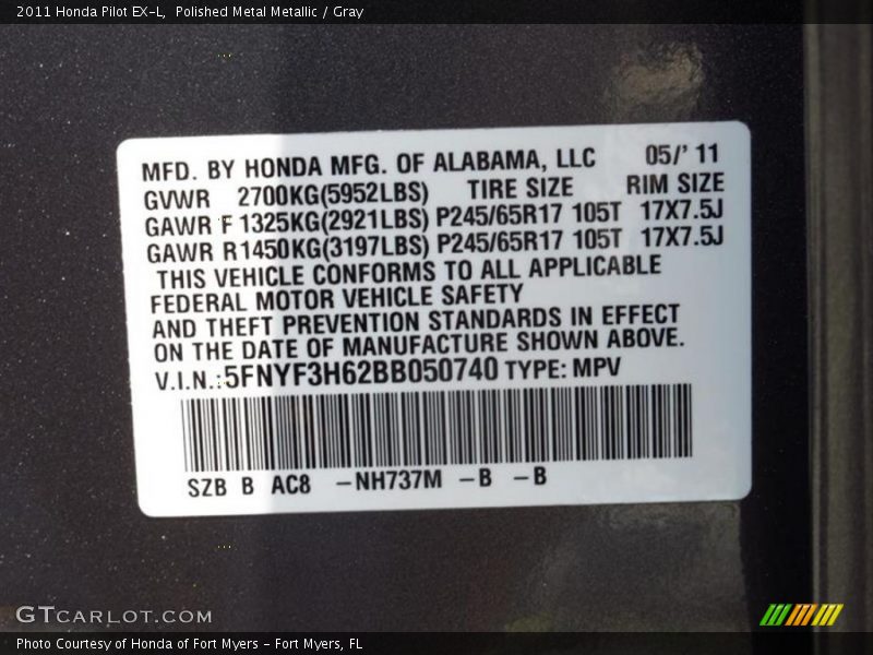 Polished Metal Metallic / Gray 2011 Honda Pilot EX-L