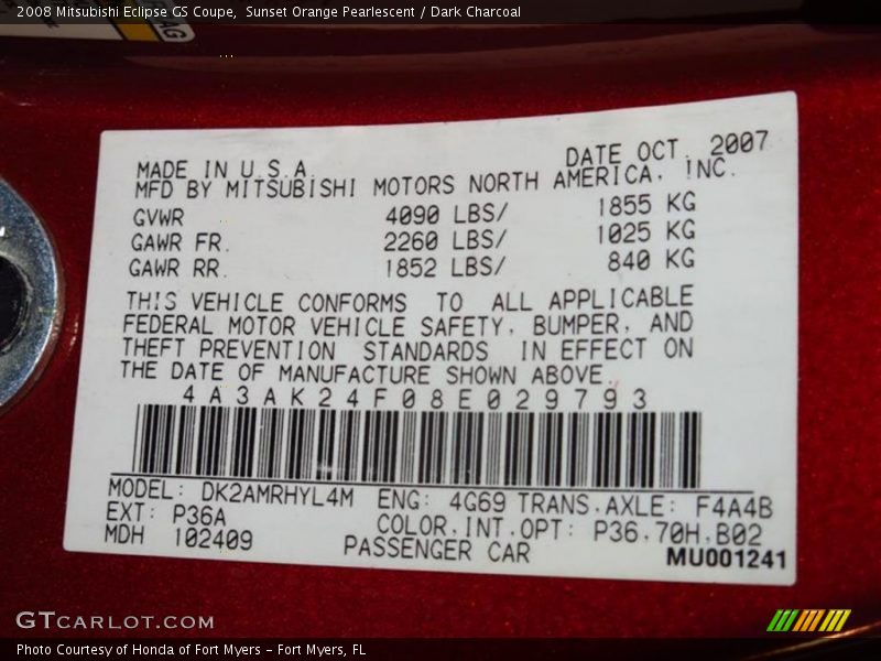 Sunset Orange Pearlescent / Dark Charcoal 2008 Mitsubishi Eclipse GS Coupe