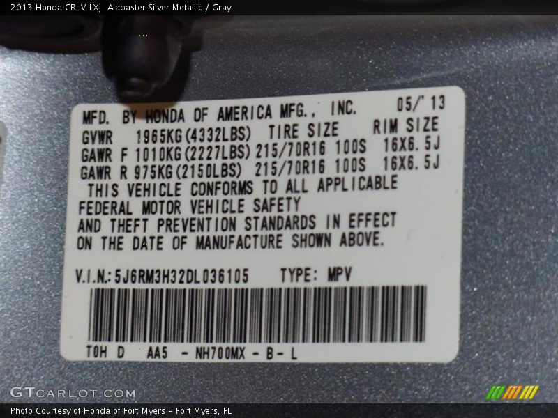 Alabaster Silver Metallic / Gray 2013 Honda CR-V LX